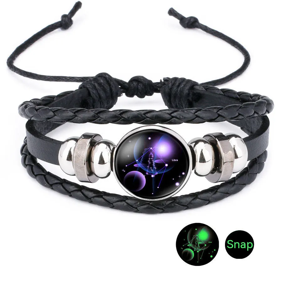 Luminous Twelve Constellation Time Stone Cowhide Beaded Bracelet