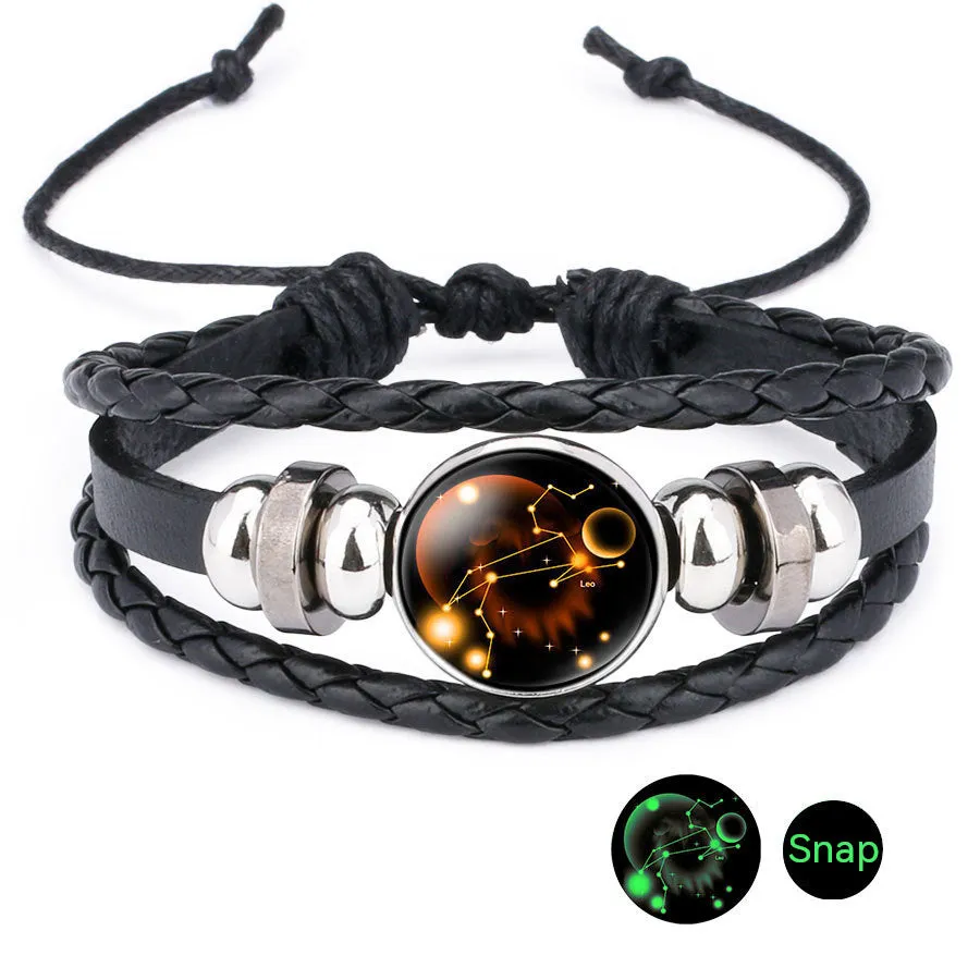 Luminous Twelve Constellation Time Stone Cowhide Beaded Bracelet