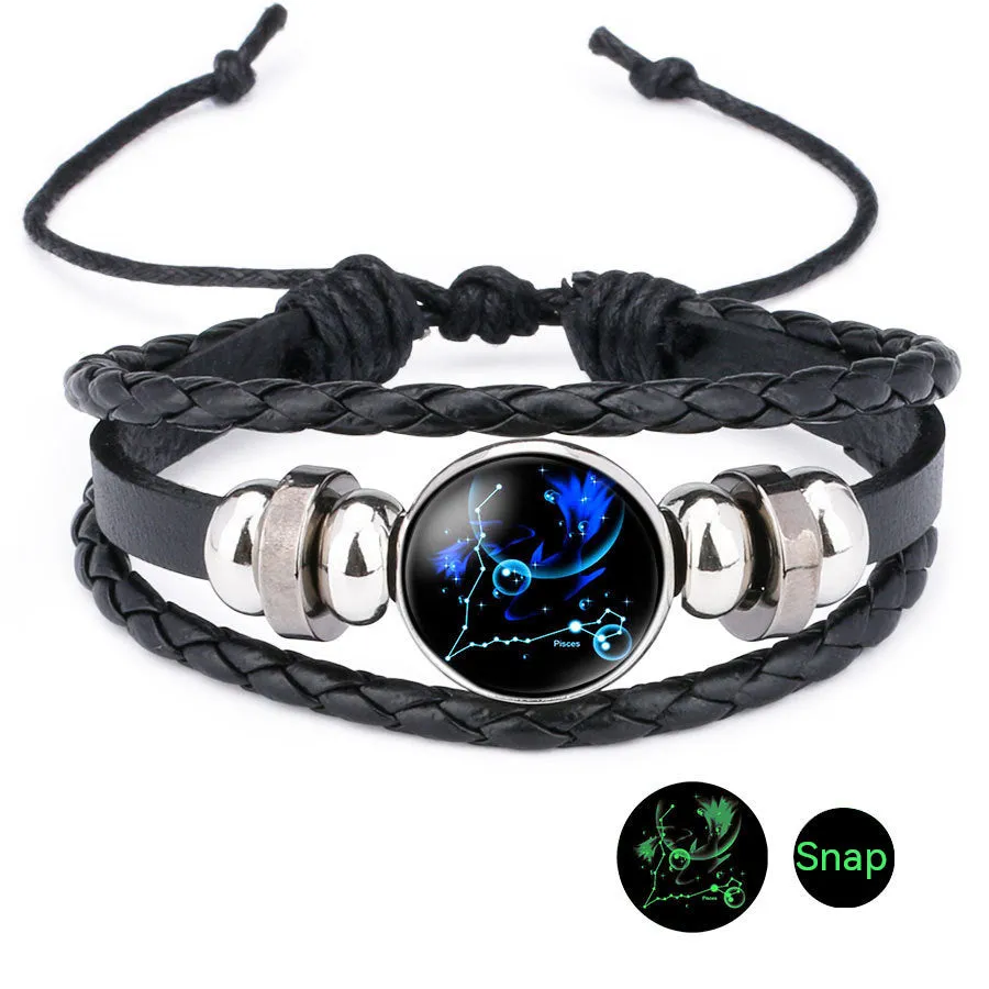 Luminous Twelve Constellation Time Stone Cowhide Beaded Bracelet