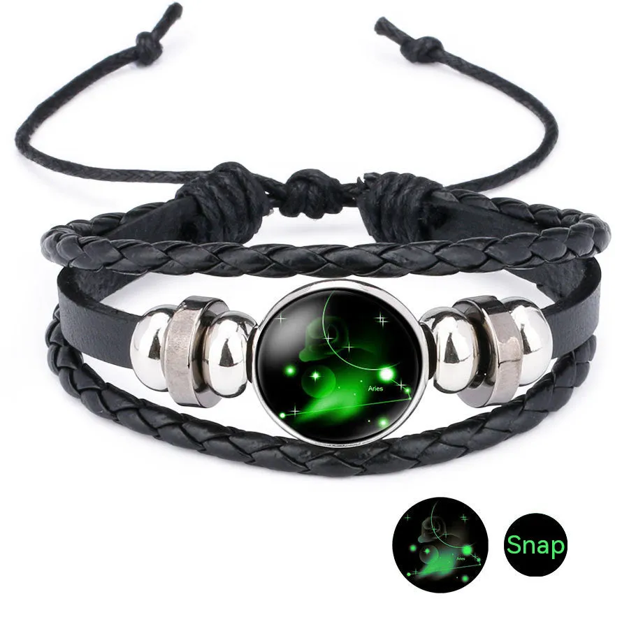 Luminous Twelve Constellation Time Stone Cowhide Beaded Bracelet