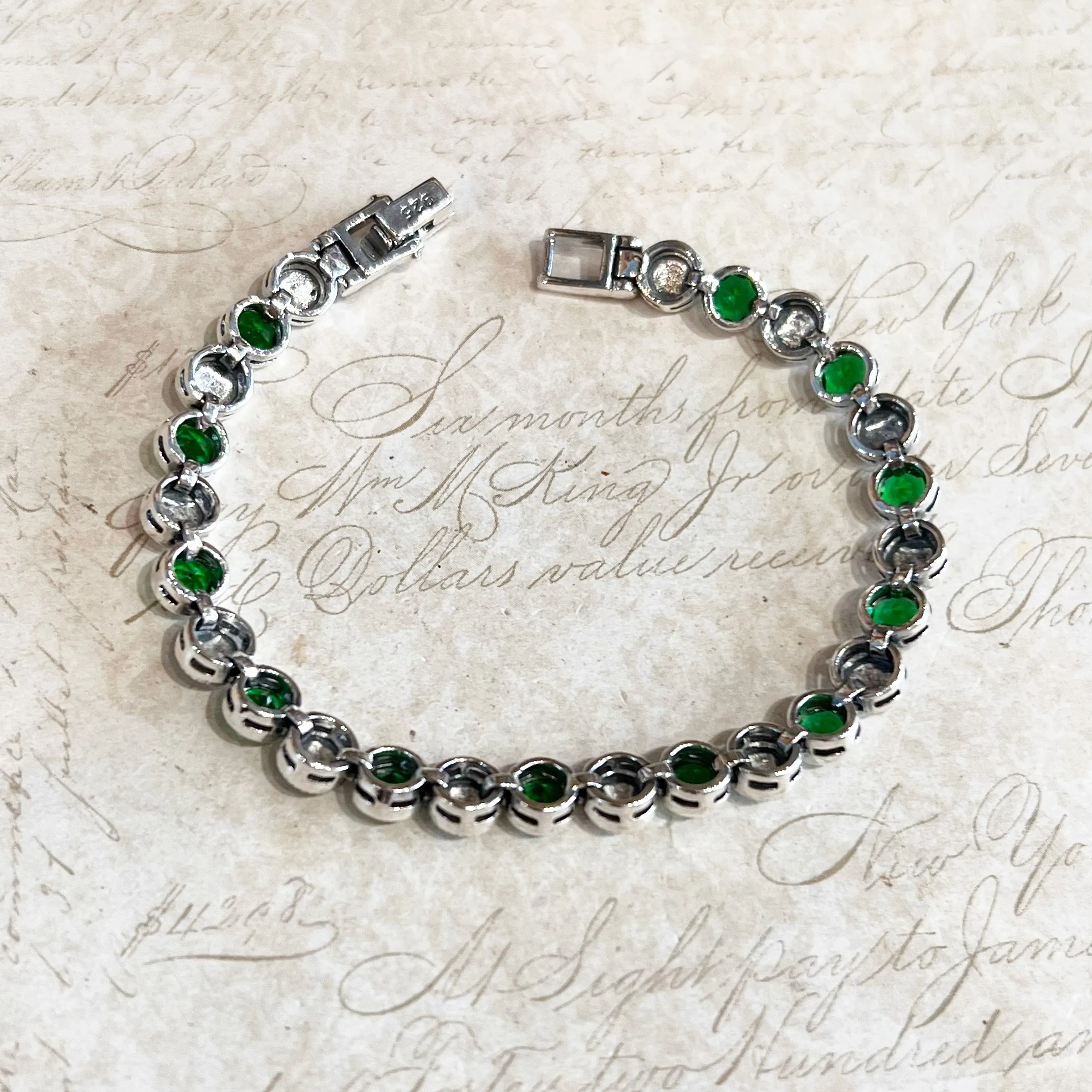 Marcasite Sterling Silver and Emerald Green Cubic Zirconia Bracelet Delicate