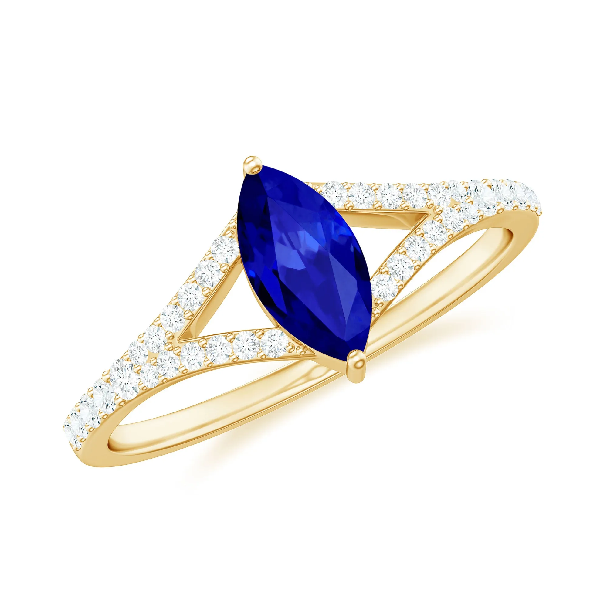 Marquise Cut Created Blue Sapphire and Diamond Ring with Split Shank