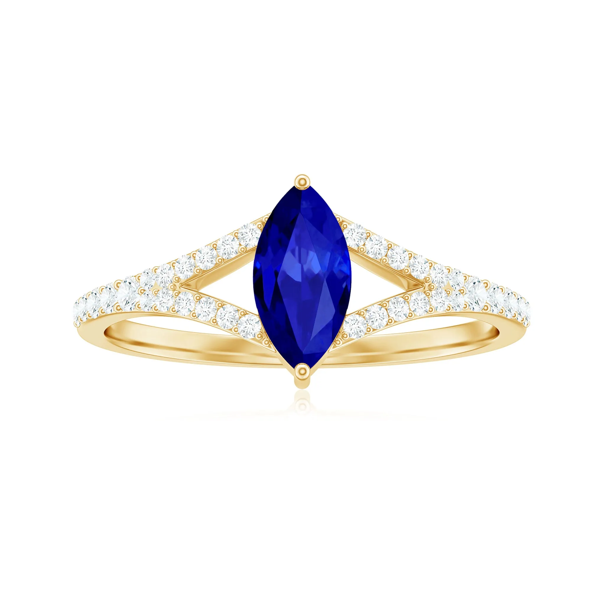 Marquise Cut Created Blue Sapphire and Diamond Ring with Split Shank