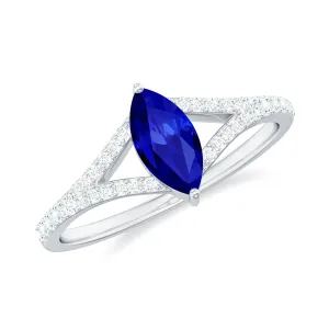 Marquise Cut Created Blue Sapphire and Diamond Ring with Split Shank