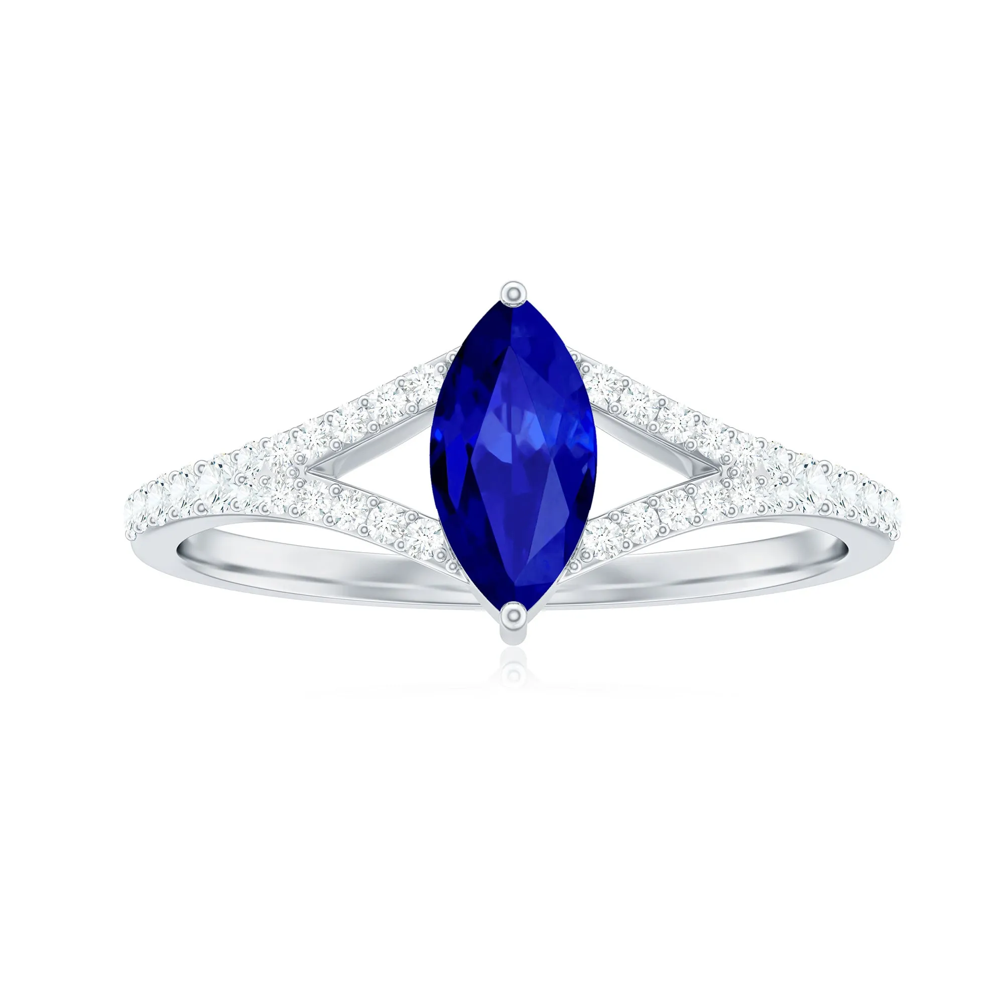 Marquise Cut Created Blue Sapphire and Diamond Ring with Split Shank