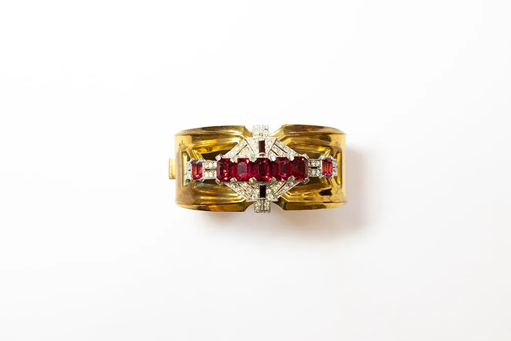 McCLELLAND BARCLAY Art Deco Gold Plated with Red Stones Hinged Cuff Bracelet