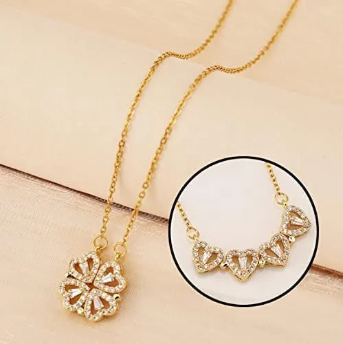 MEENAZ Pendant Necklace For Women Girls Ladies girlfriend Wife fashion Jewellery set love 4 Heart Magnetic Rose Gold Western Diamond Pendants chain with pendant Valentine gifts Birthday Gift propose