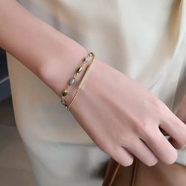 Minar Blue Green Color Crystal Charm Bracelets for Women Gold Color Beaded Chain Double Layered Adjustable Bracelet Accessories