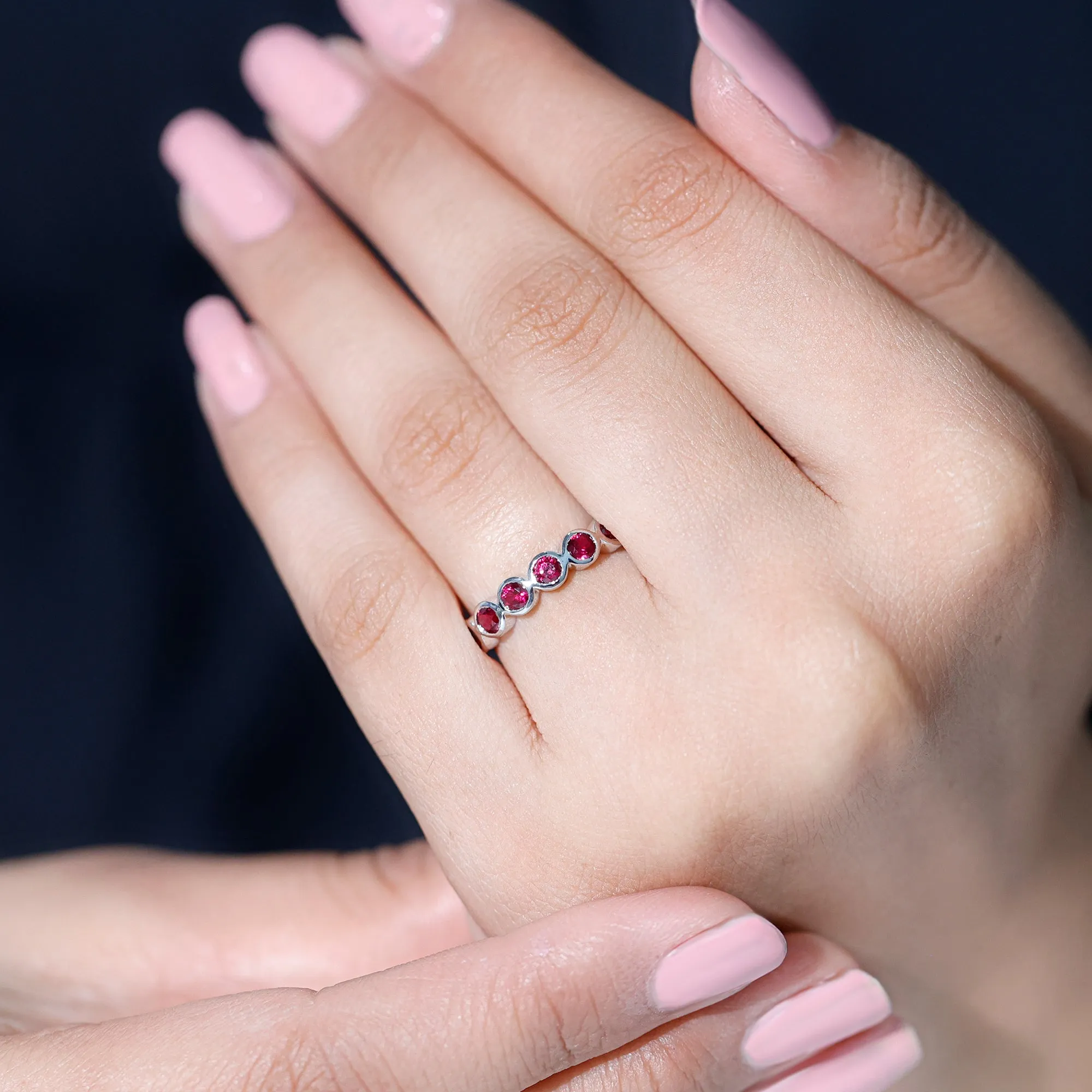 Minimal Created Ruby Half Eternity Ring in Bezel Setting