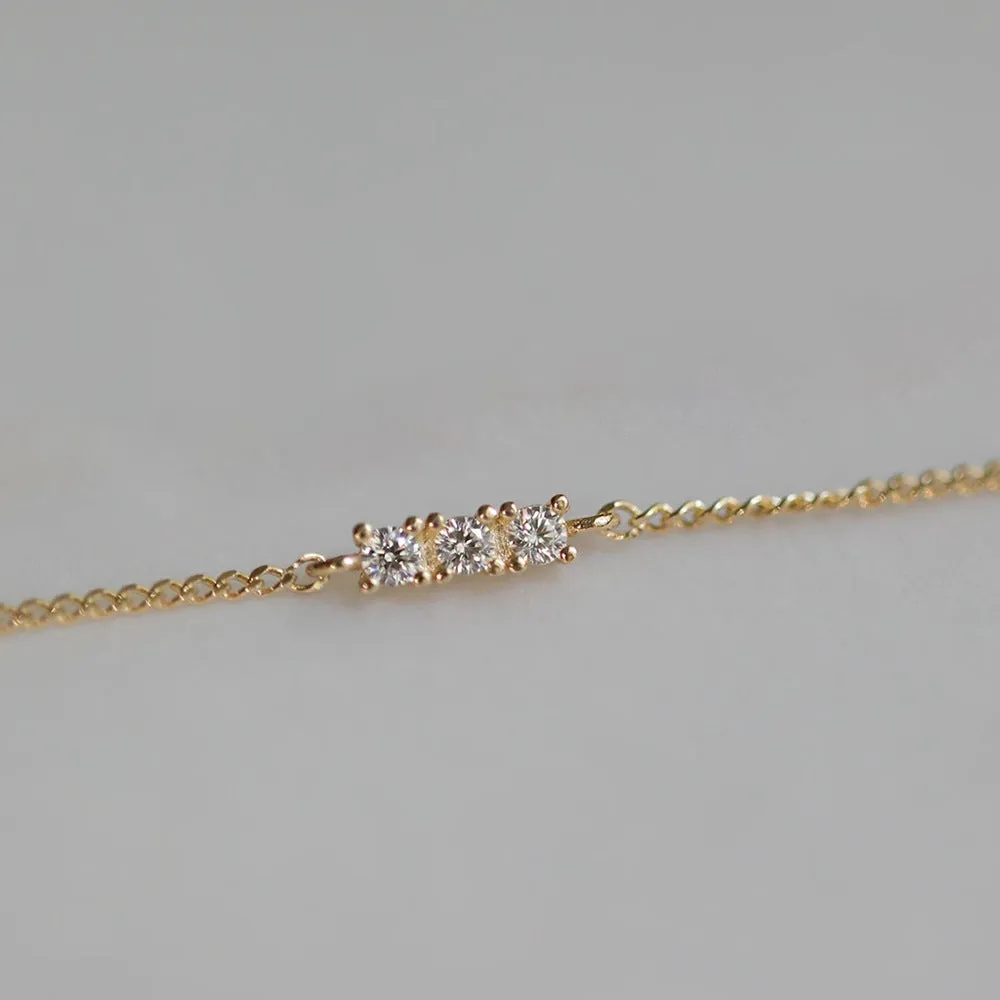 Minimalist Bracelet 925 Sterling Silver Gold Plated Three Diamond Micro Inlaid