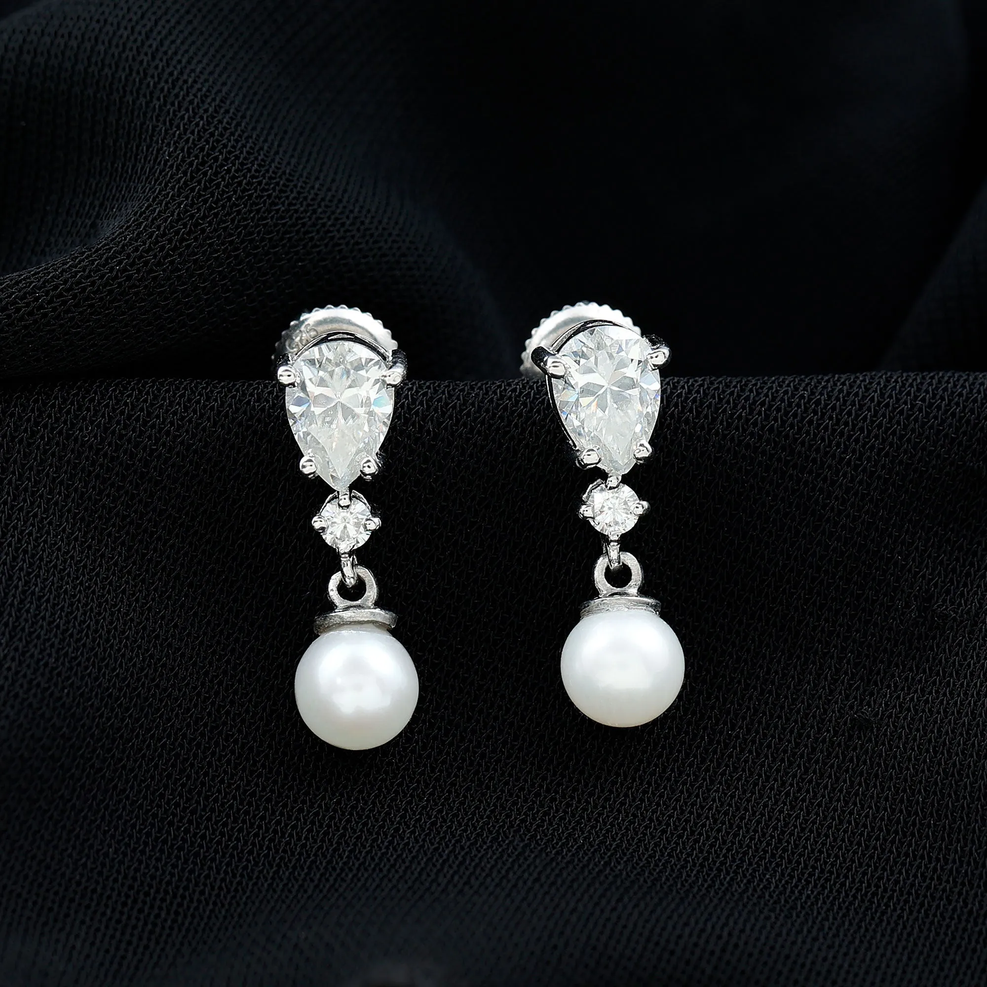 Moissanite and Freshwater Pearl Dangle Drop Earrings