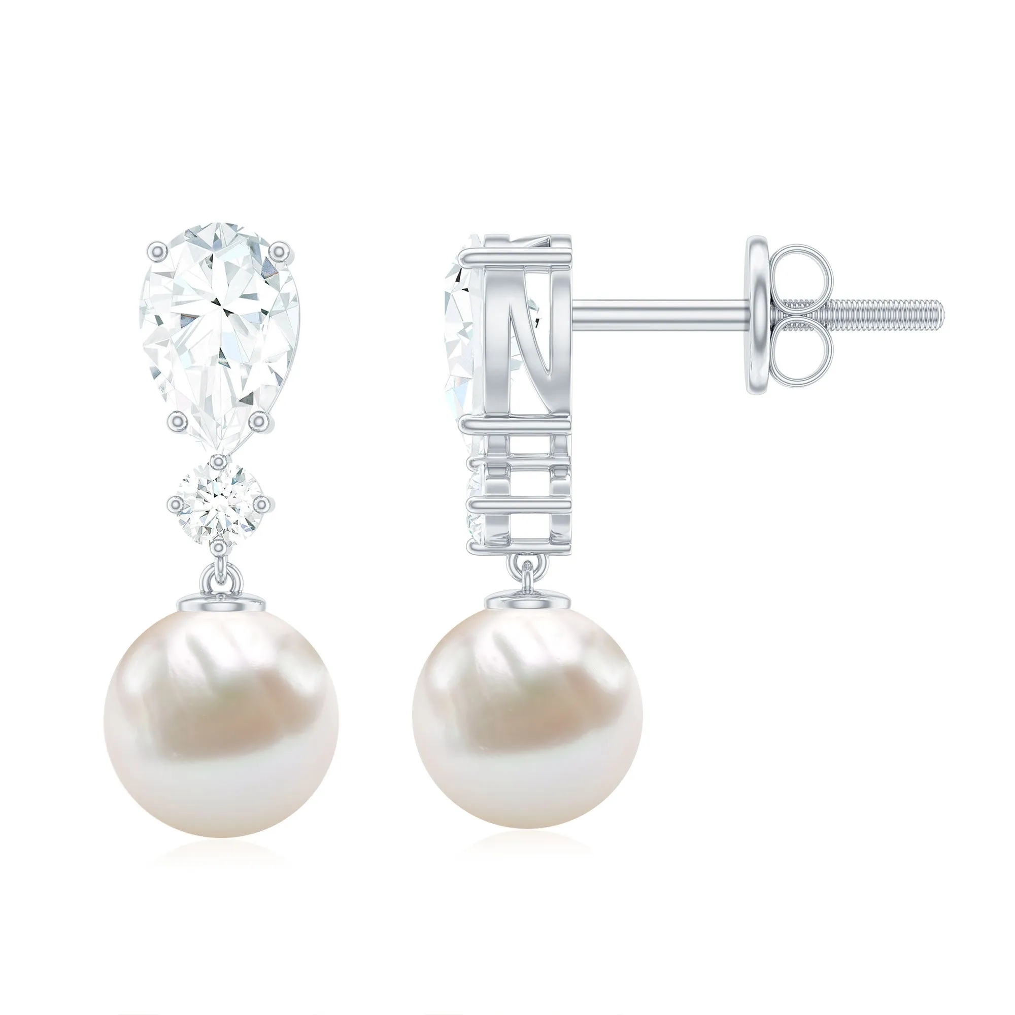 Moissanite and Freshwater Pearl Dangle Drop Earrings