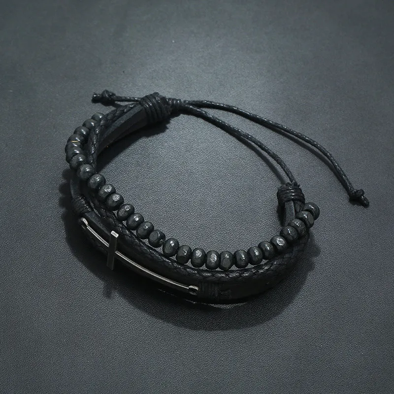 Multilayer woven wooden bead leather bracelet