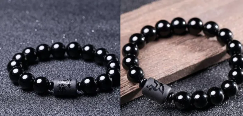 Natural obsidian dragon phoenix couple totem bracelet