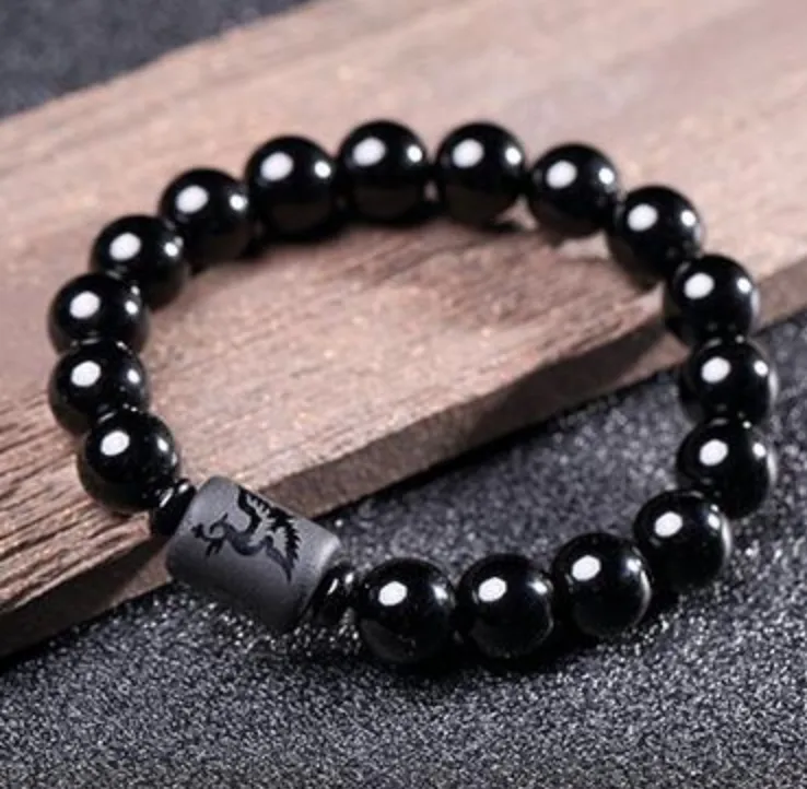 Natural obsidian dragon phoenix couple totem bracelet