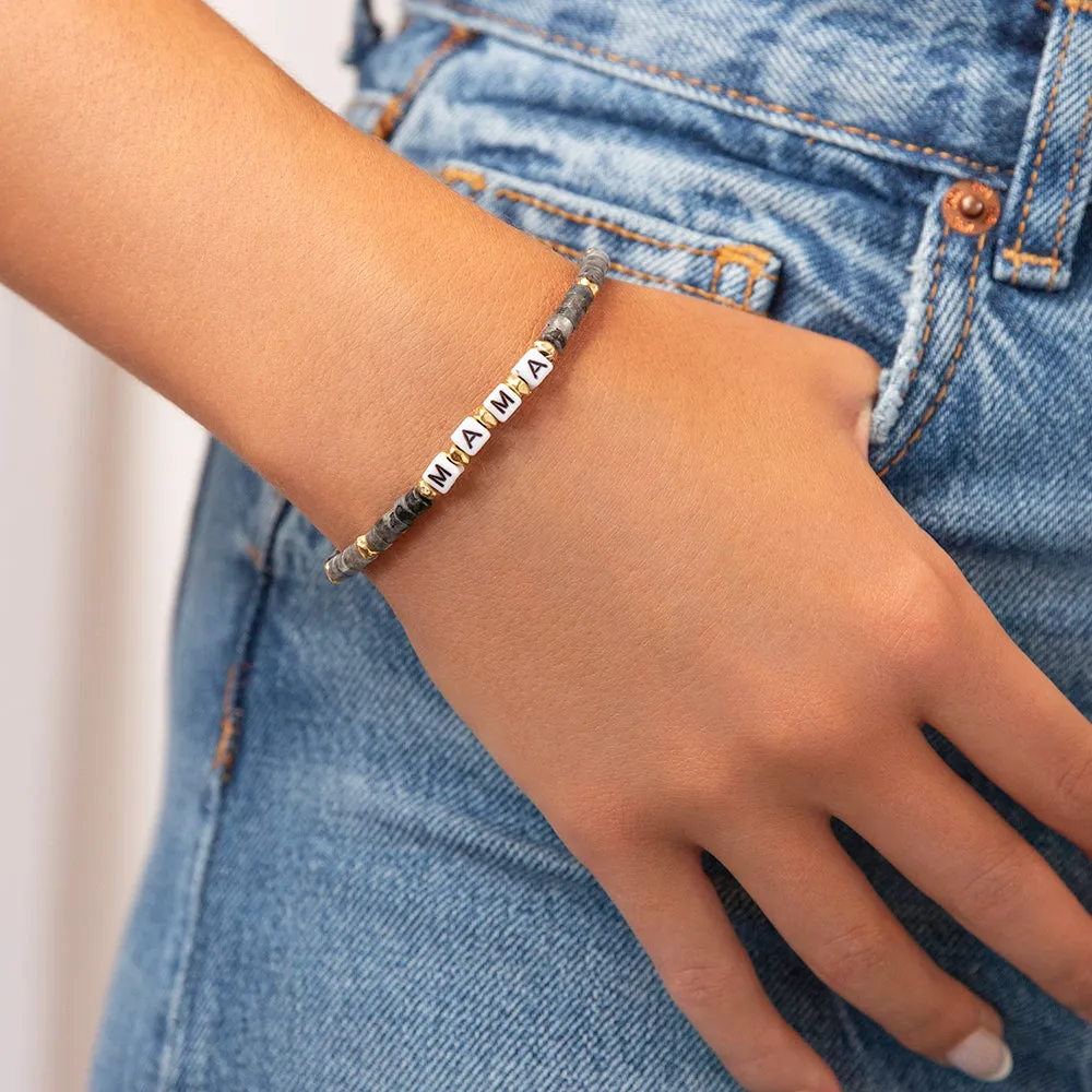 natural stone stretch bracelet with beaded MAMA blocks