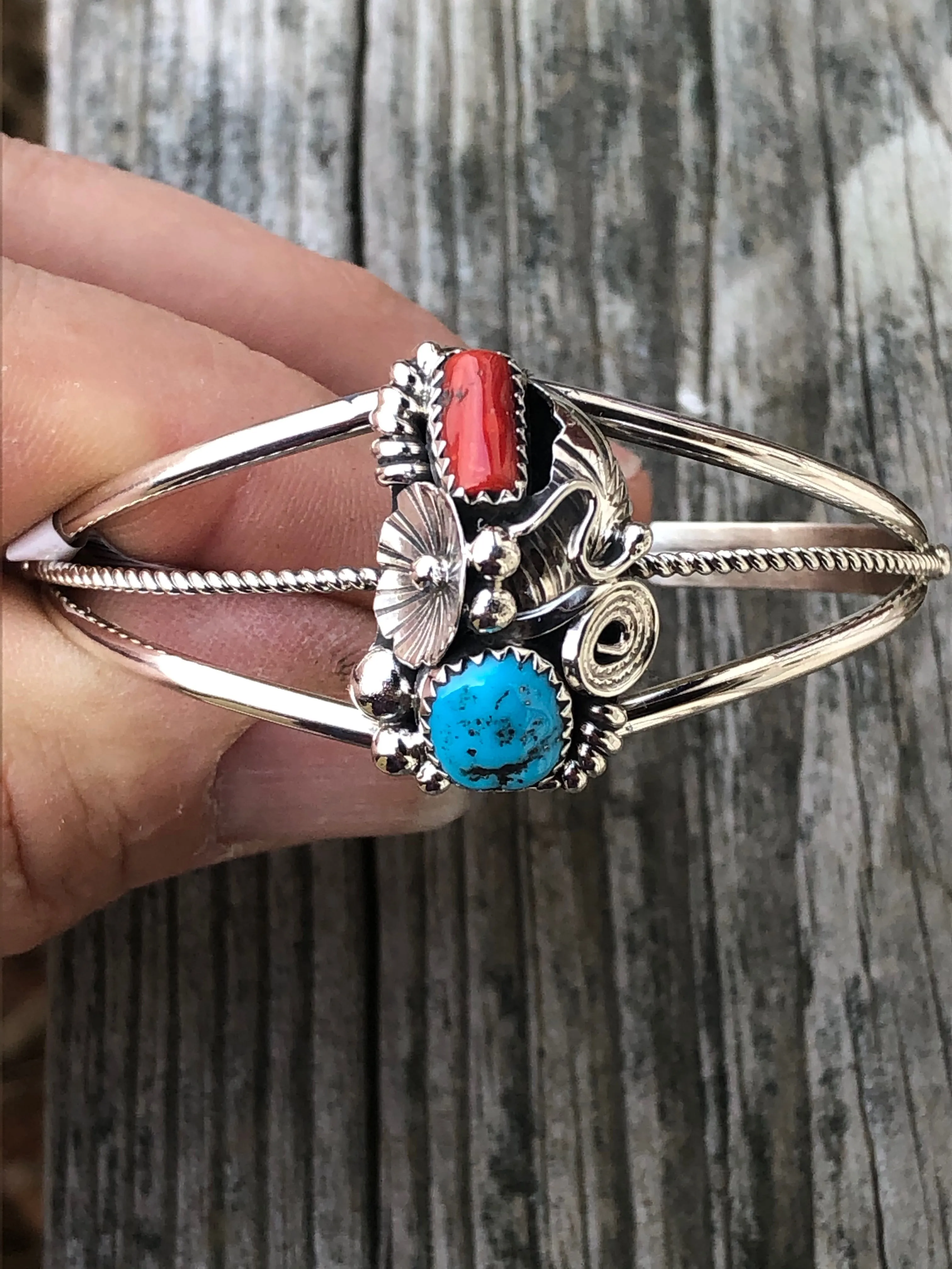 Navajo Beautiful Coral and turquoise sterling silver bracelet