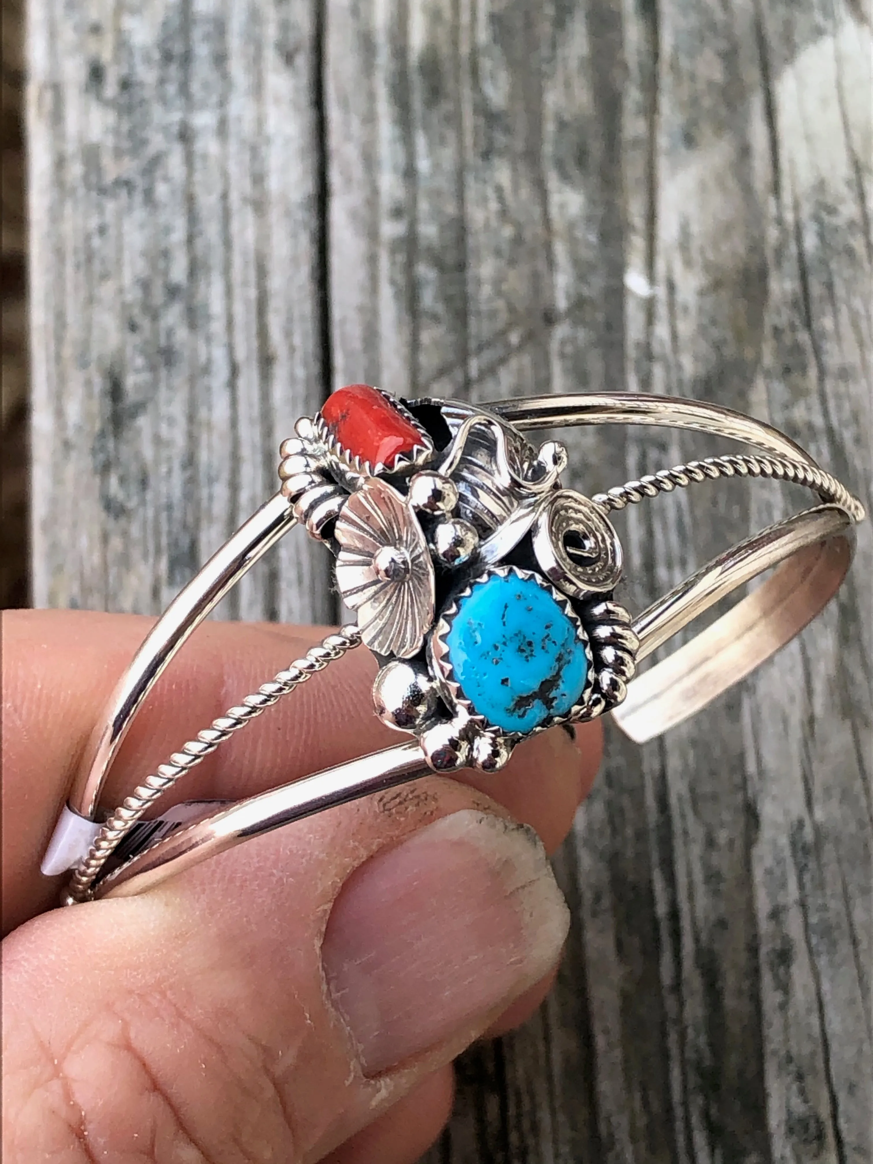 Navajo Beautiful Coral and turquoise sterling silver bracelet