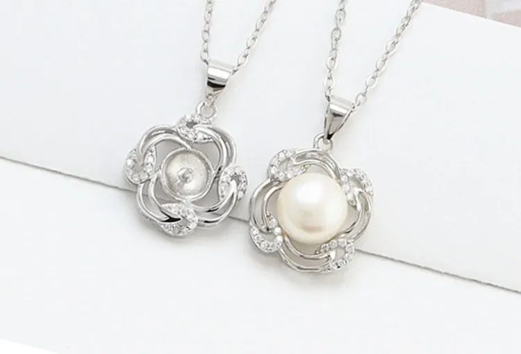 Necklace Pendant Blank Setting Flower Charm 23mm Sterling Silver White Gold Fine 925 For One Pearl Prong DIY Jewelry Finding Wholesale 1pc