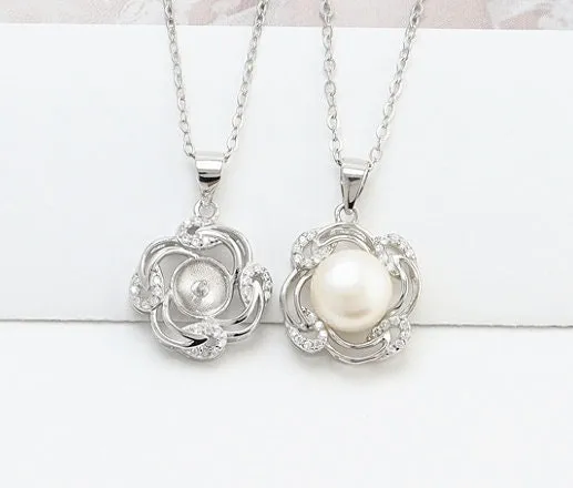 Necklace Pendant Blank Setting Flower Charm 23mm Sterling Silver White Gold Fine 925 For One Pearl Prong DIY Jewelry Finding Wholesale 1pc