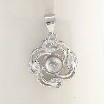 Necklace Pendant Blank Setting Flower Charm 23mm Sterling Silver White Gold Fine 925 For One Pearl Prong DIY Jewelry Finding Wholesale 1pc