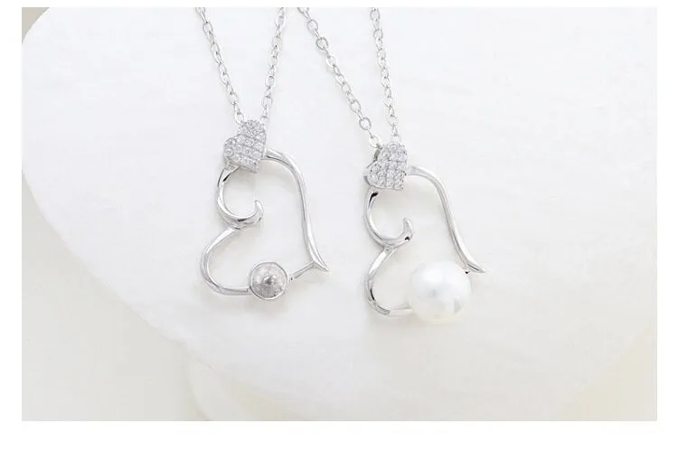 Necklace Pendant Blank Setting Heart Charm 22mm Sterling Silver White Gold Fine 925 For One Pearl Prong DIY Jewelry Finding Wholesale 1pc