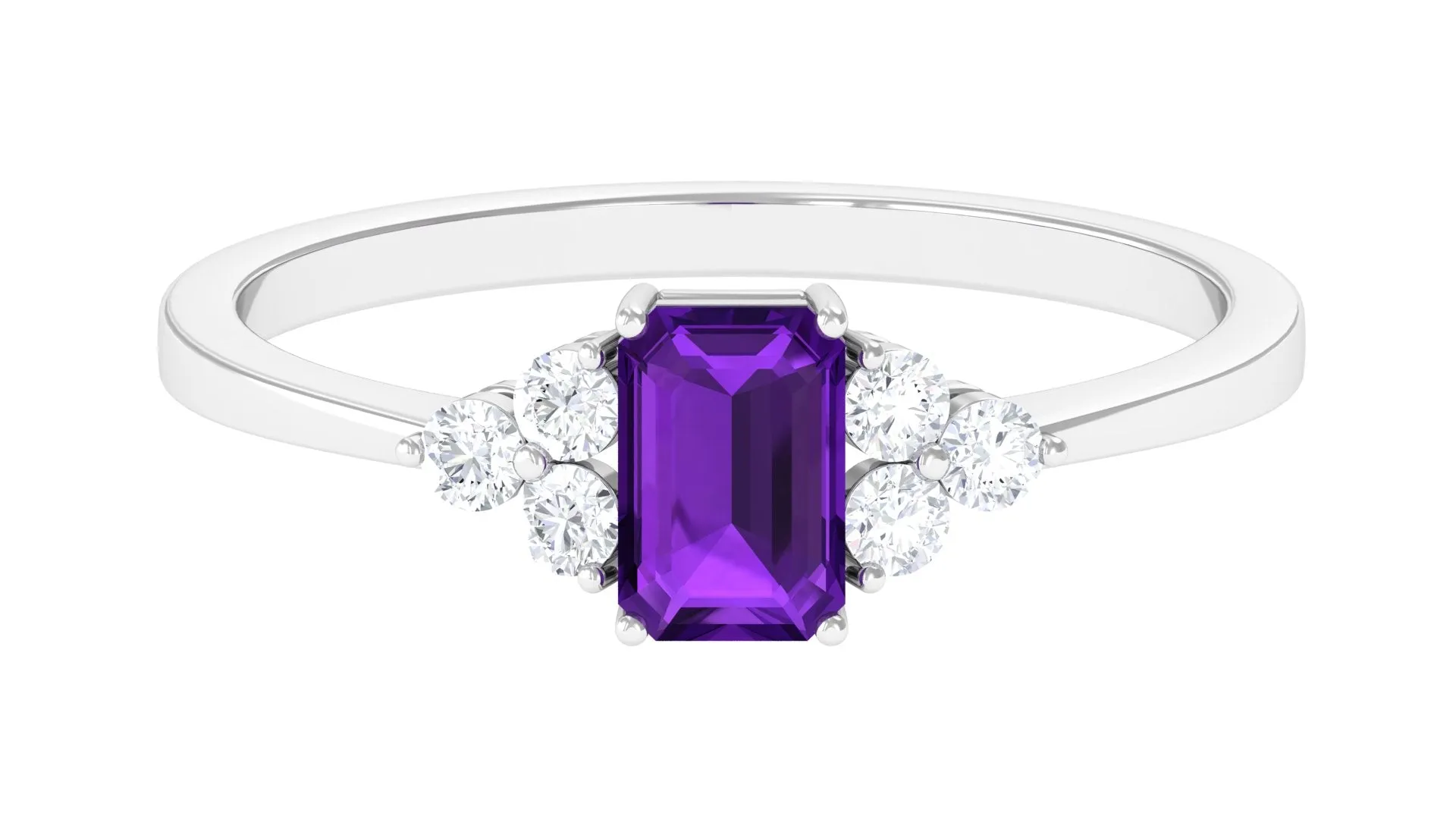 Octagon Cut Amethyst Solitaire Ring with Diamond Trio