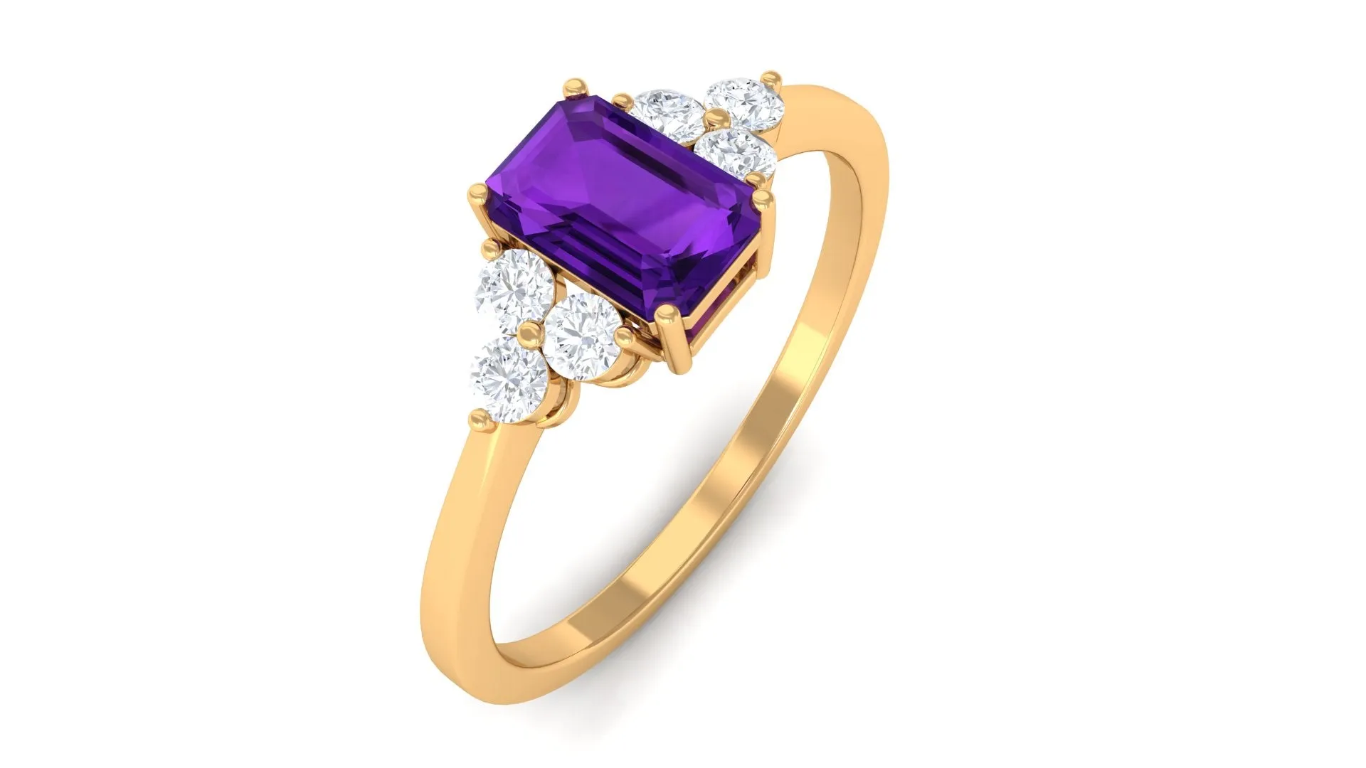 Octagon Cut Amethyst Solitaire Ring with Diamond Trio