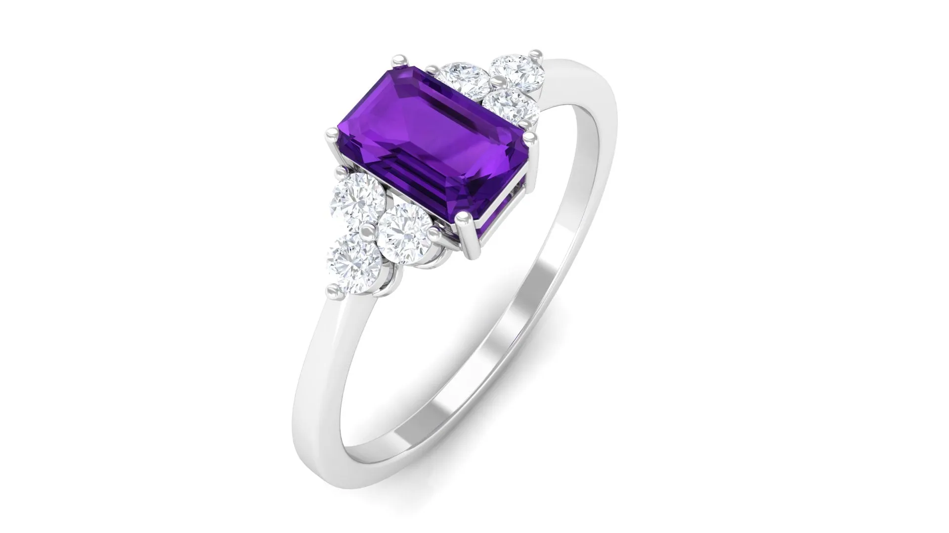 Octagon Cut Amethyst Solitaire Ring with Diamond Trio