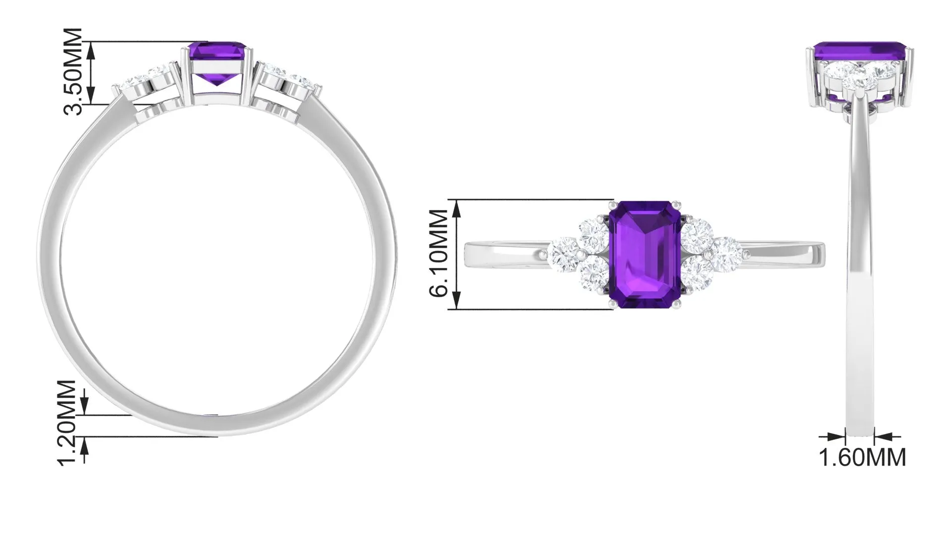 Octagon Cut Amethyst Solitaire Ring with Diamond Trio