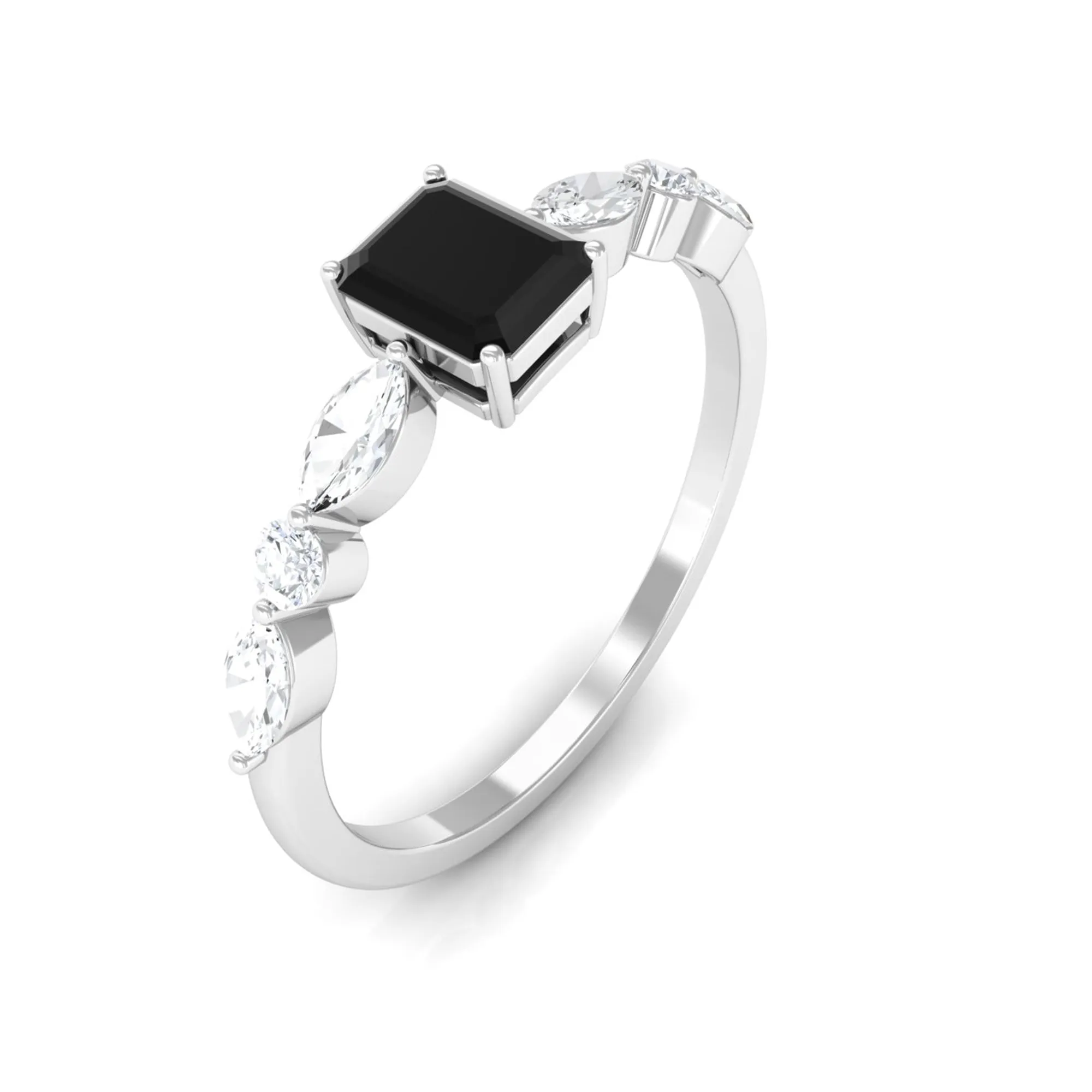 Octagon Cut Black Spinel Promise Ring with Diamond Side Stones