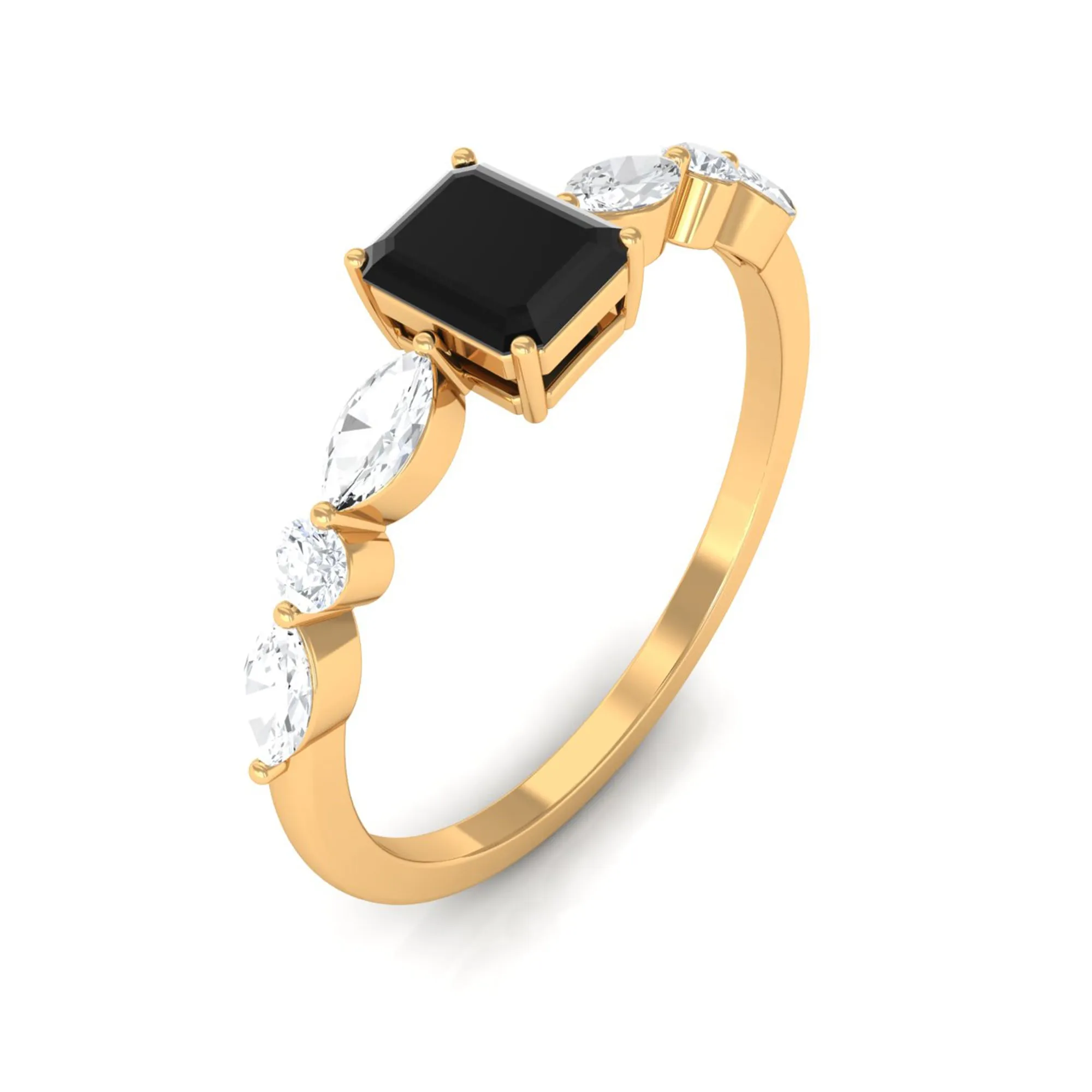 Octagon Cut Black Spinel Promise Ring with Diamond Side Stones