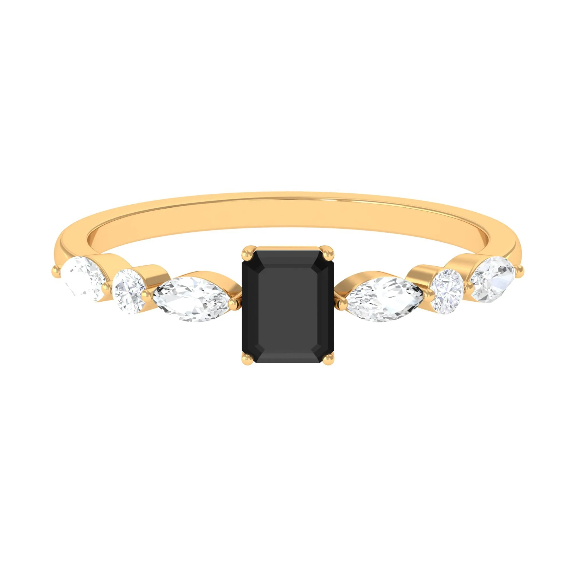 Octagon Cut Black Spinel Promise Ring with Diamond Side Stones