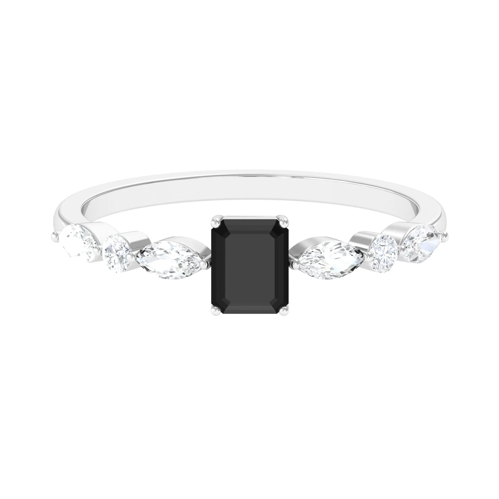 Octagon Cut Black Spinel Promise Ring with Diamond Side Stones