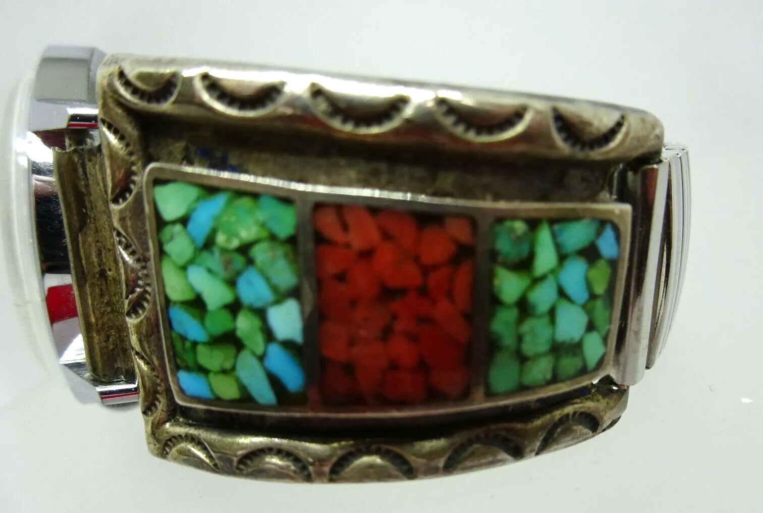 Old Pawn Navajo Big Turquoise & Coral Inlay Sterling Watch Tips Signed