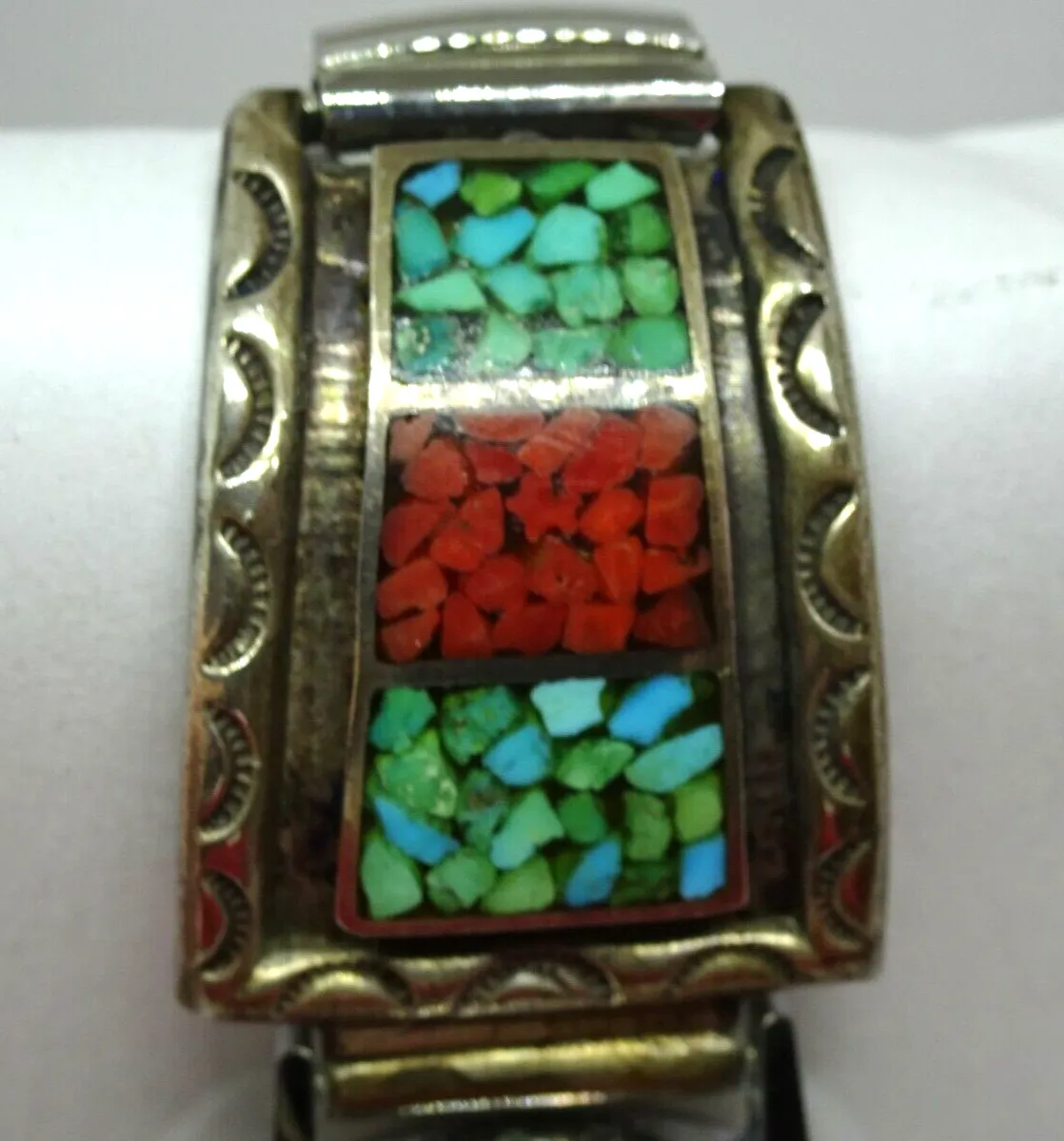 Old Pawn Navajo Big Turquoise & Coral Inlay Sterling Watch Tips Signed