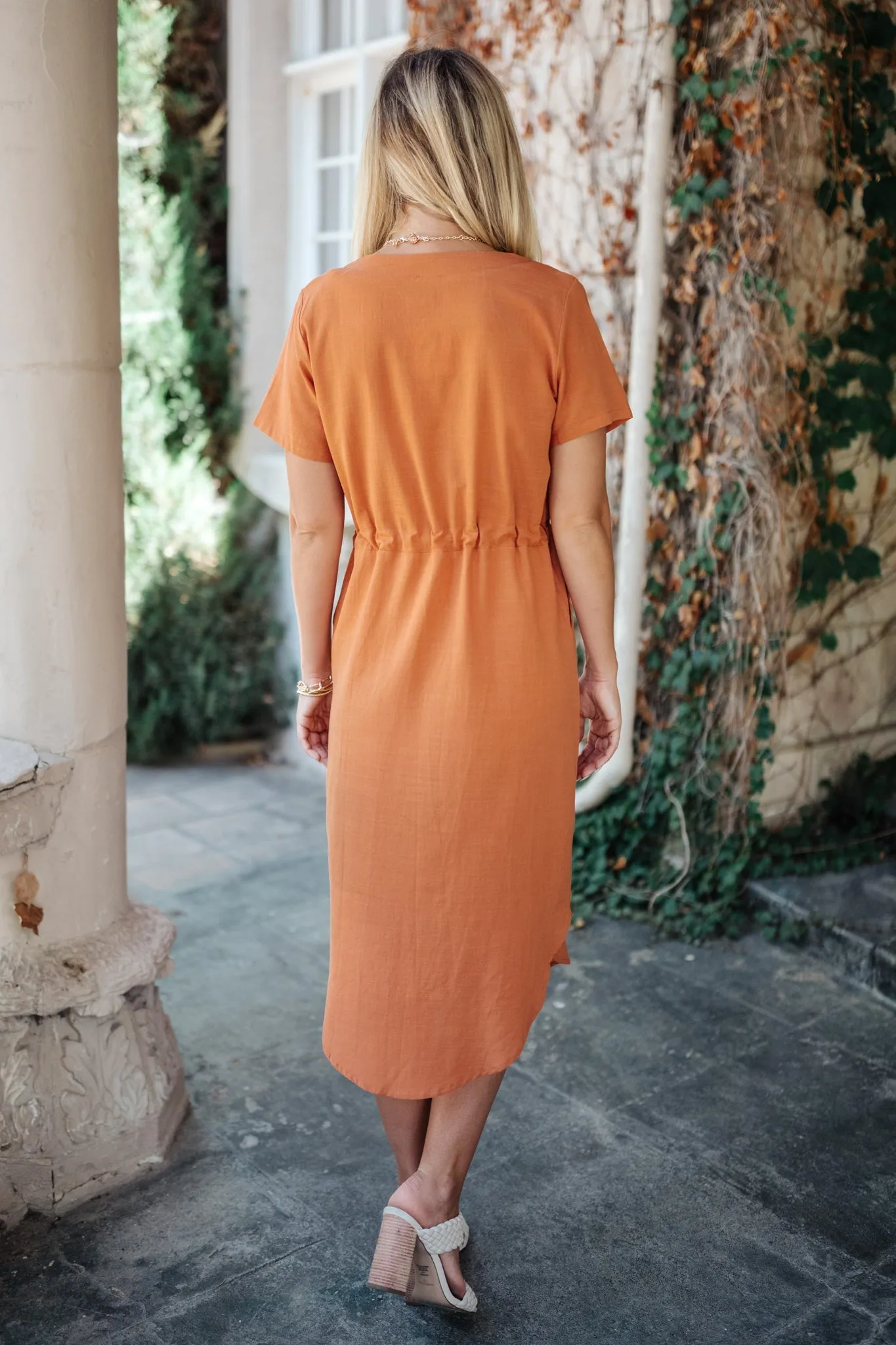 *Online Exclusive* Crossover Midi Dress in Rust