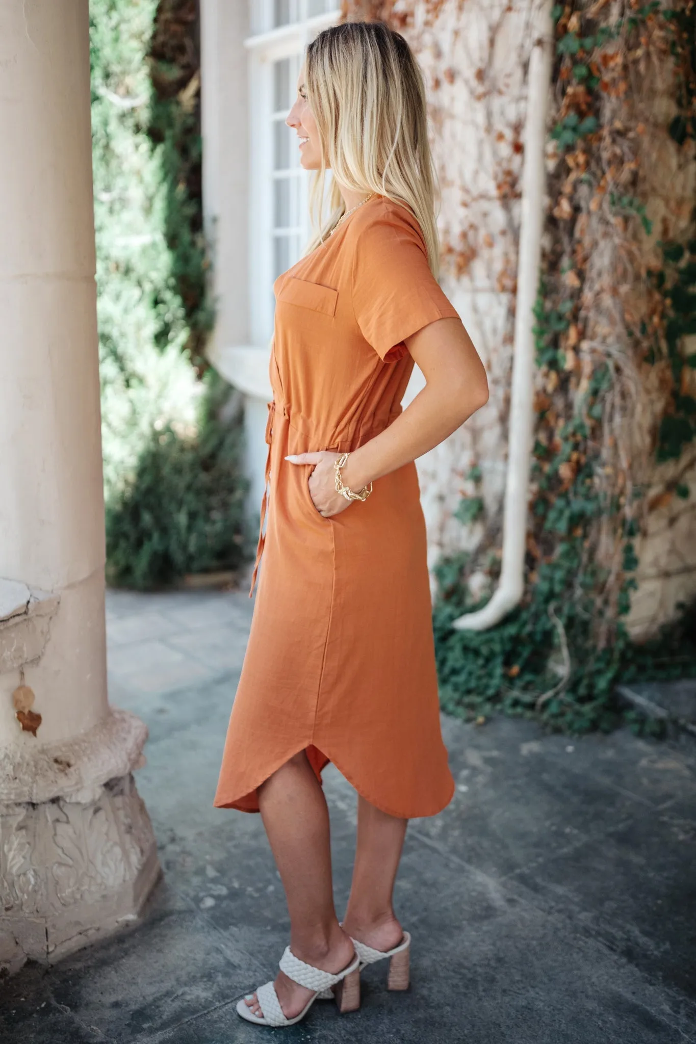 *Online Exclusive* Crossover Midi Dress in Rust