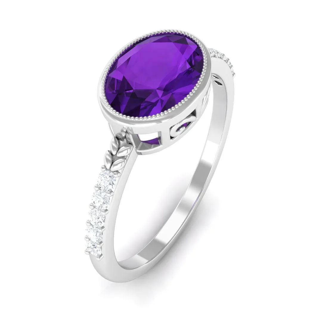 Oval Amethyst Solitaire Engagement Ring with Diamond