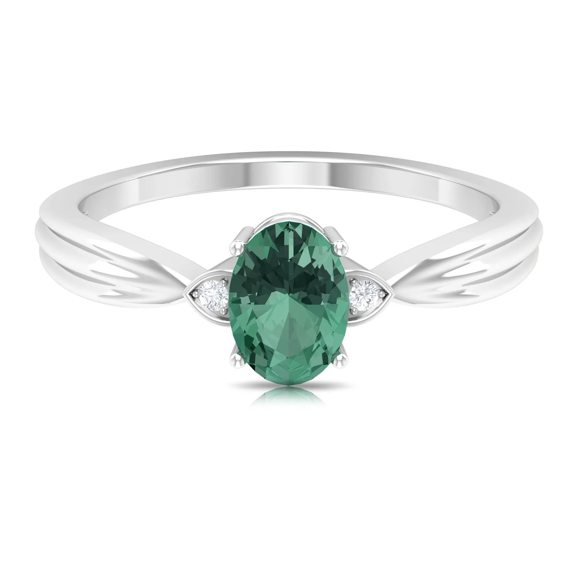 Oval Shape Green Sapphire Solitaire Engagement Ring with Diamond