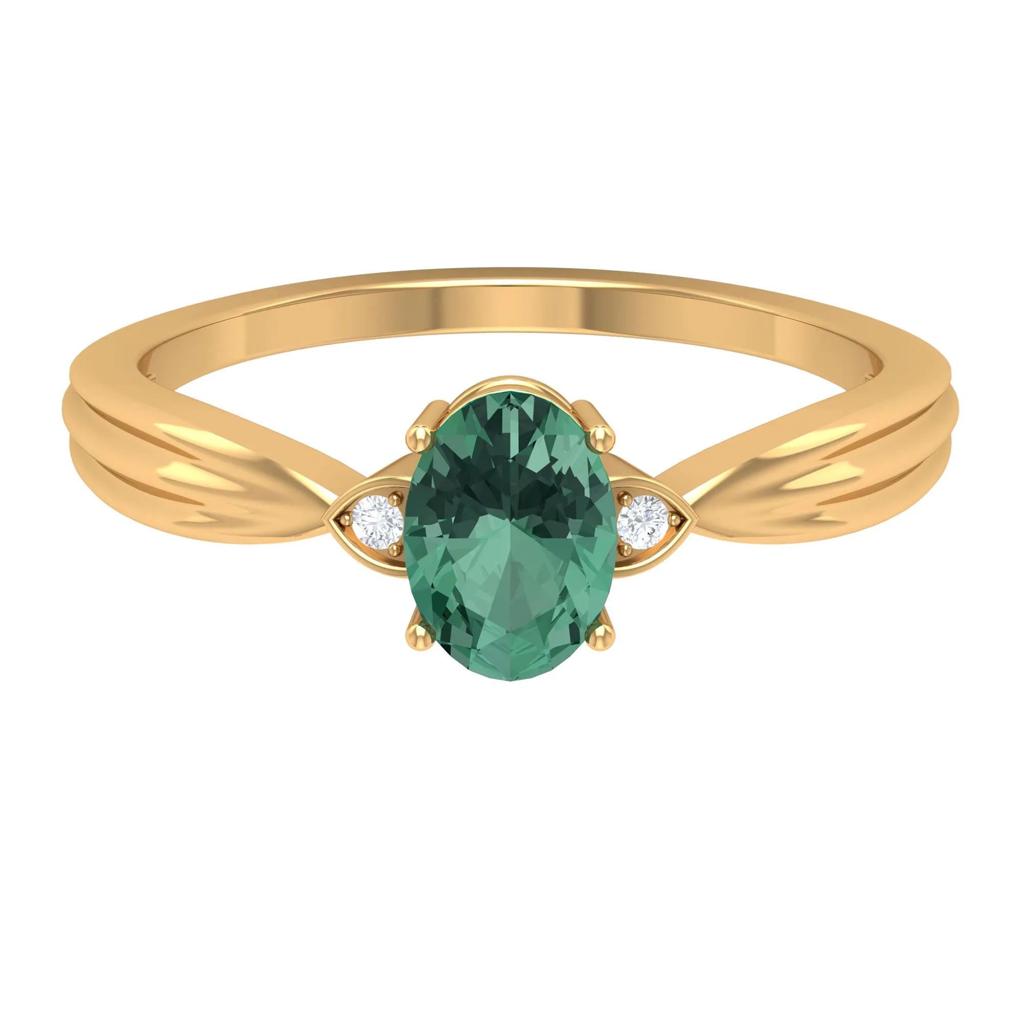 Oval Shape Green Sapphire Solitaire Engagement Ring with Diamond