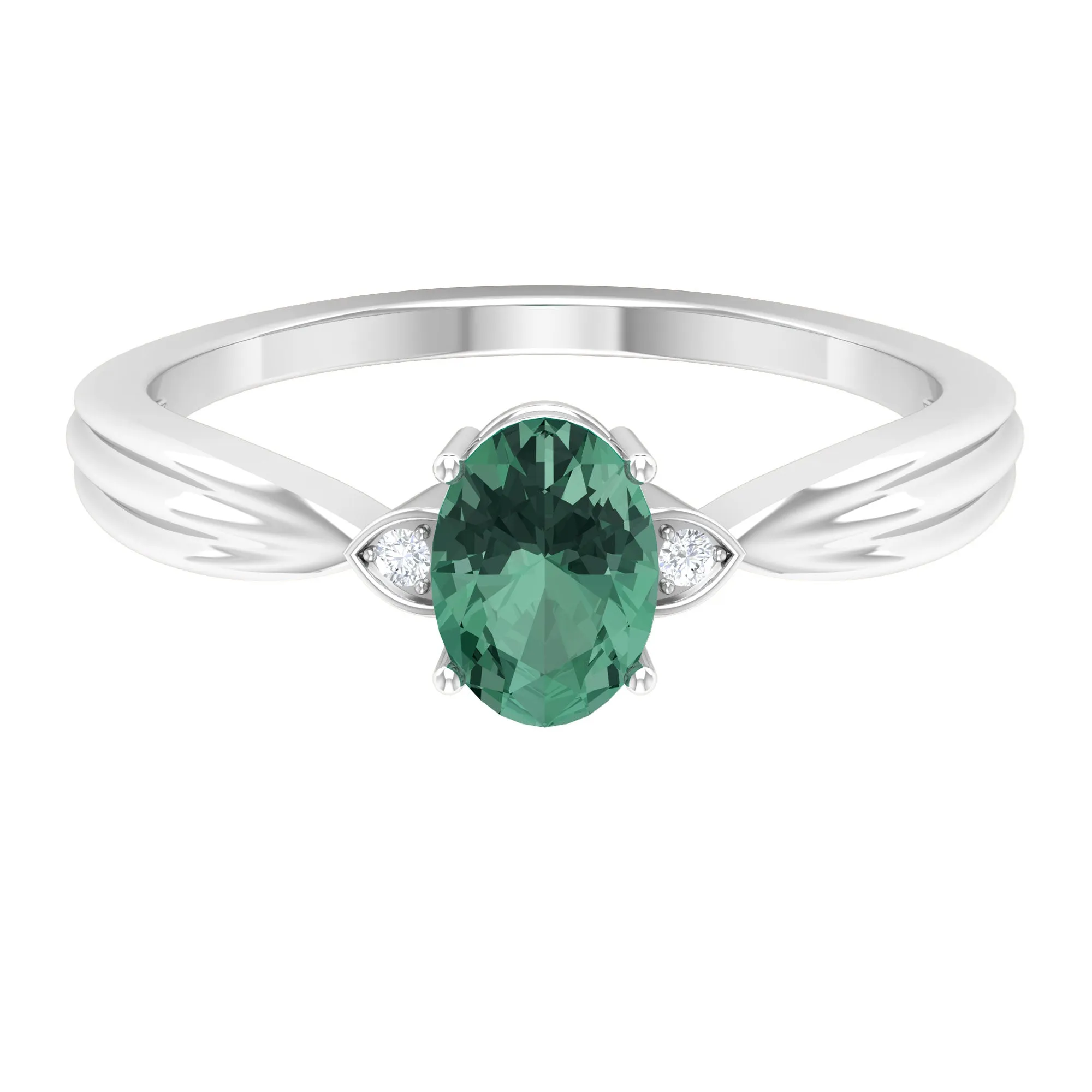 Oval Shape Green Sapphire Solitaire Engagement Ring with Diamond