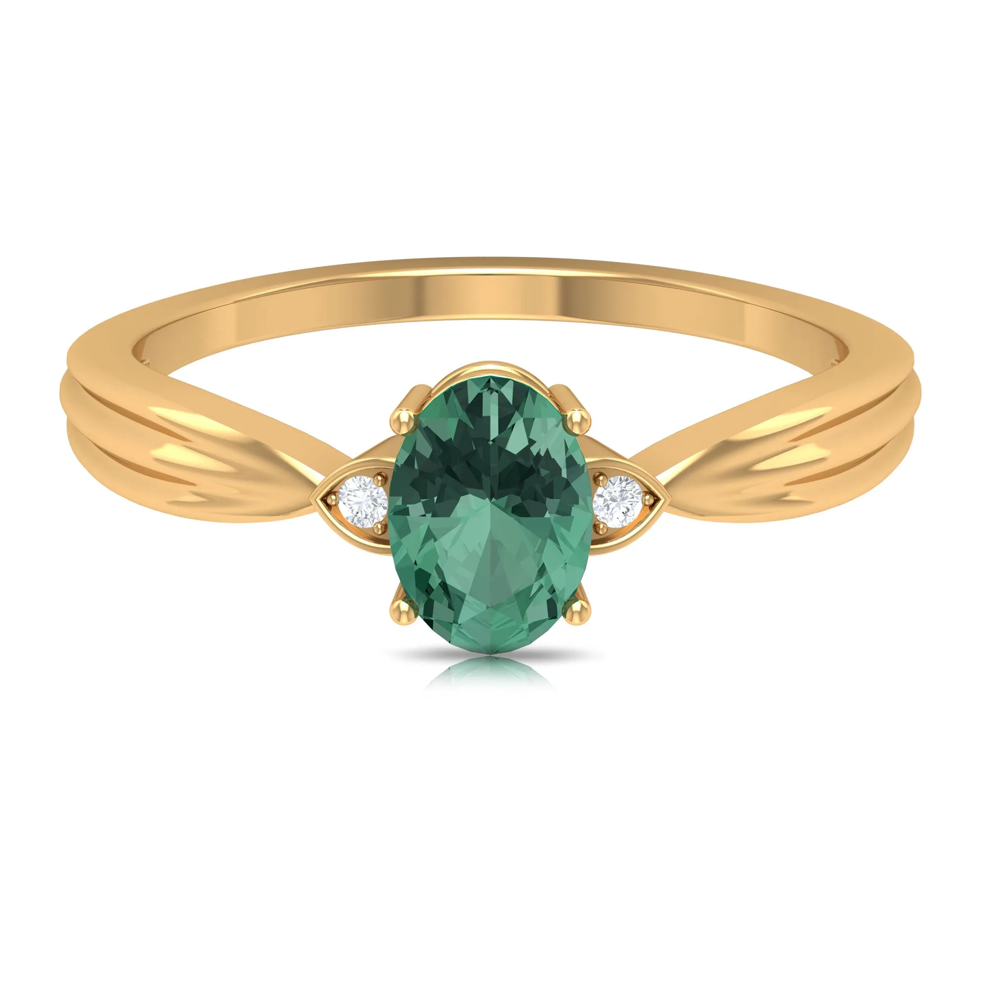 Oval Shape Green Sapphire Solitaire Engagement Ring with Diamond