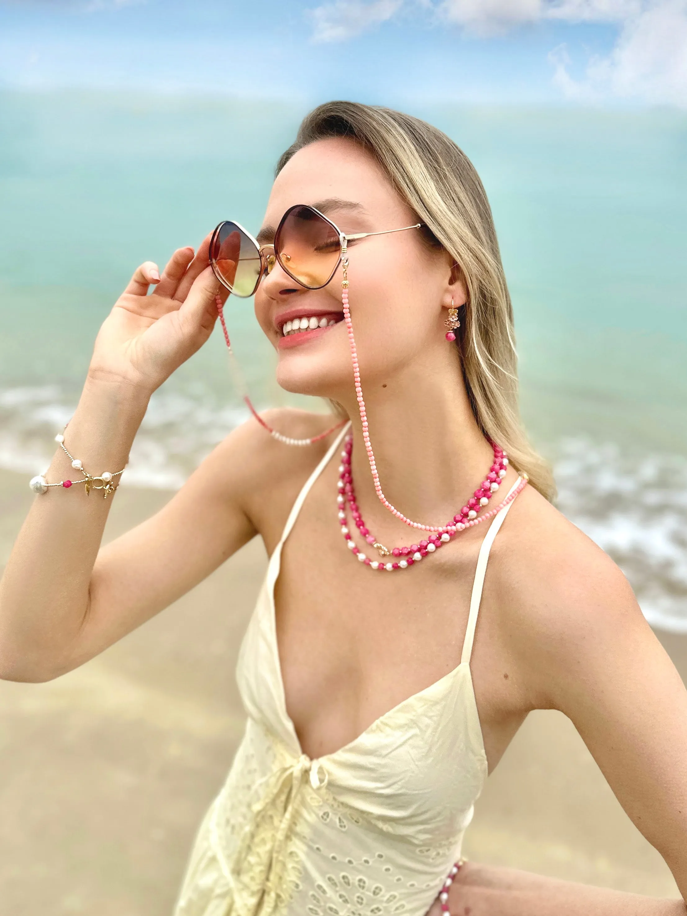 Pink Coral Freshwater Pearls Sunglasses Chain EC001