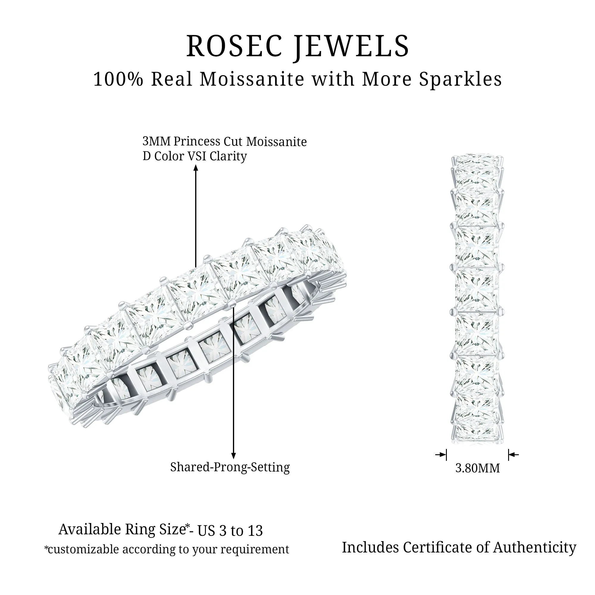 Princess Cut Certified Moissanite Full Eternity Ring in Gold