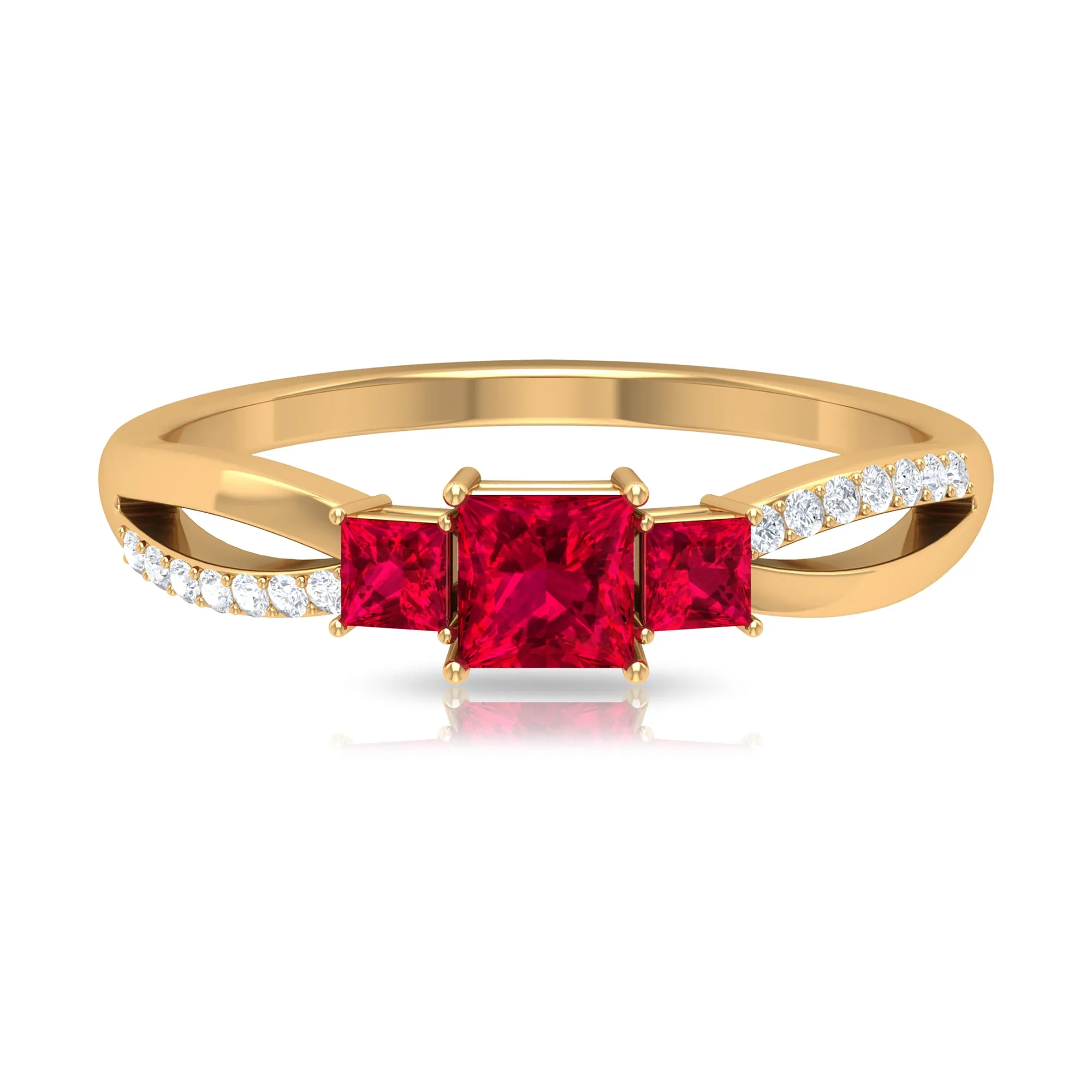 Princess Cut Three Stone Ruby Engagement Ring with Diamond