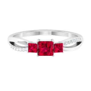 Princess Cut Three Stone Ruby Engagement Ring with Diamond