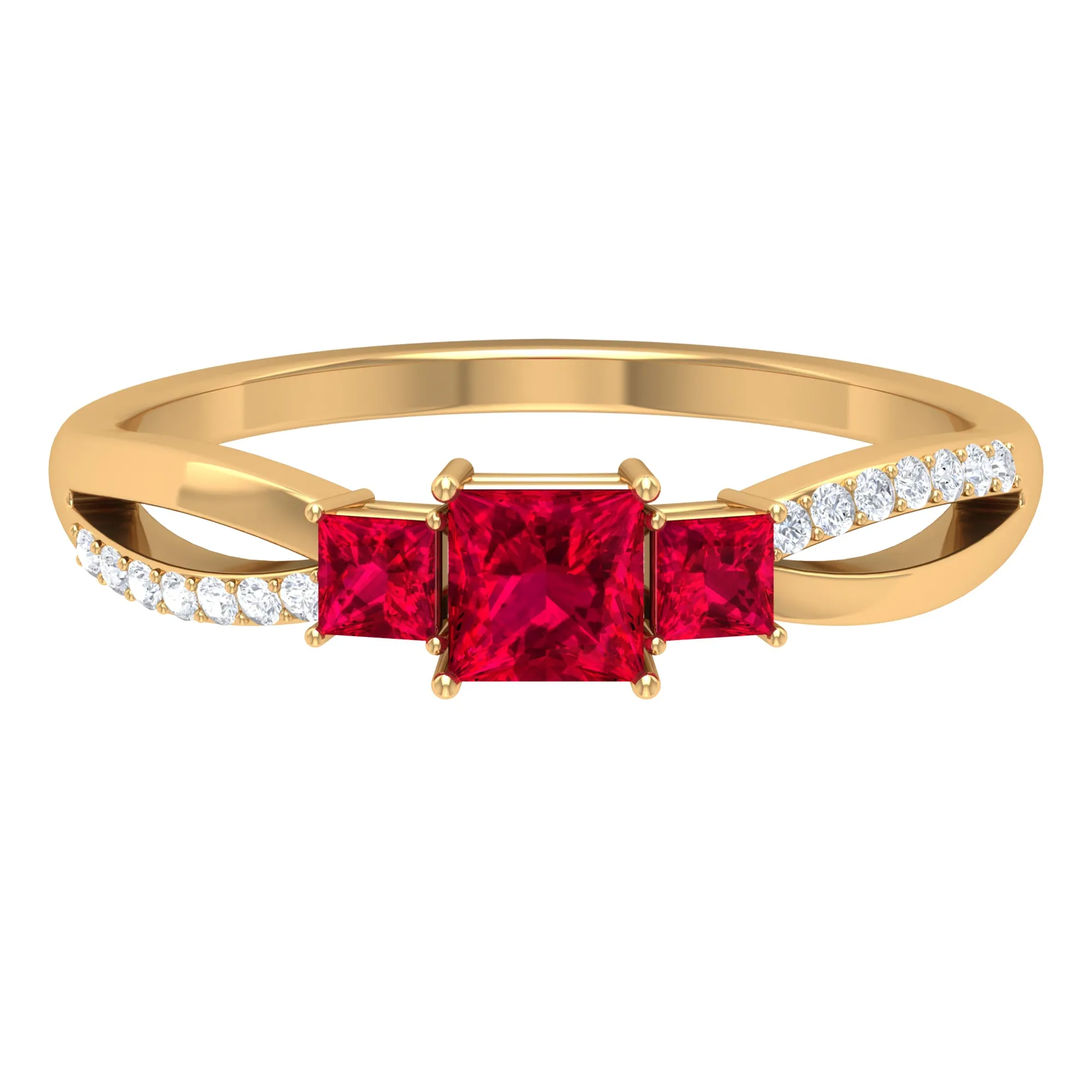 Princess Cut Three Stone Ruby Engagement Ring with Diamond