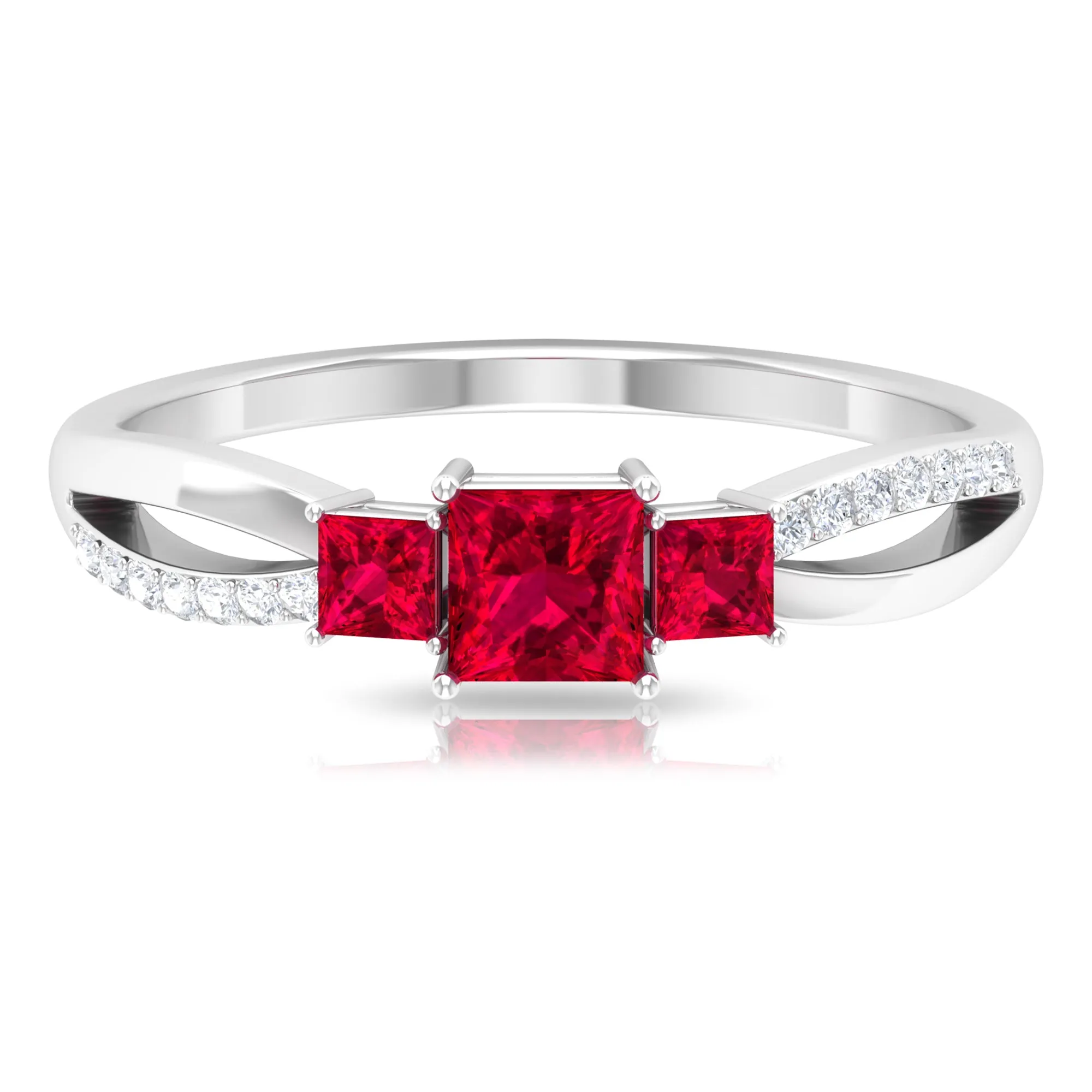 Princess Cut Three Stone Ruby Engagement Ring with Diamond