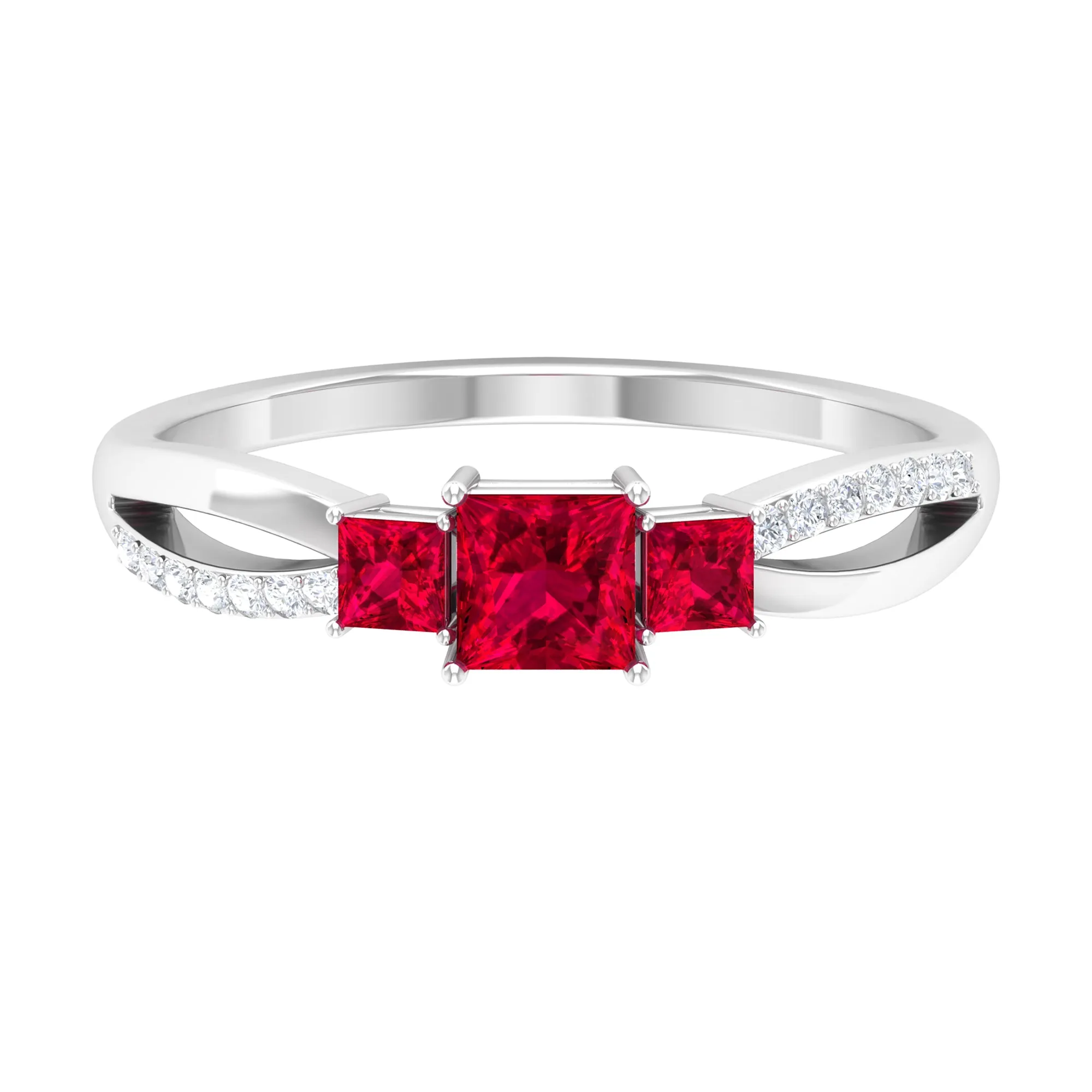 Princess Cut Three Stone Ruby Engagement Ring with Diamond